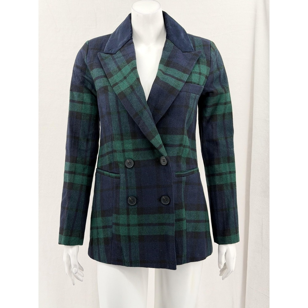 Avec Les Filles Coat Womens XS Navy Green Tartan Plaid Double Breasted Academia